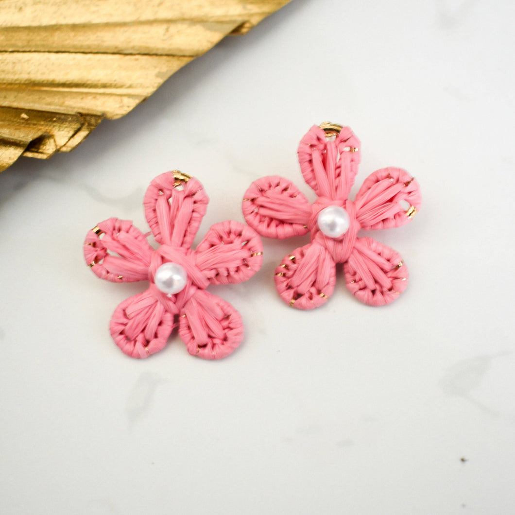 Pink Flower Raffia Stud