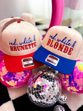 Load image into Gallery viewer, Red White &amp; Brunette/Blonde Embroidered Trucker Hat | Patrio