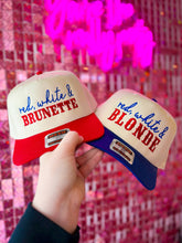 Load image into Gallery viewer, Red White &amp; Brunette/Blonde Embroidered Trucker Hat | Patrio