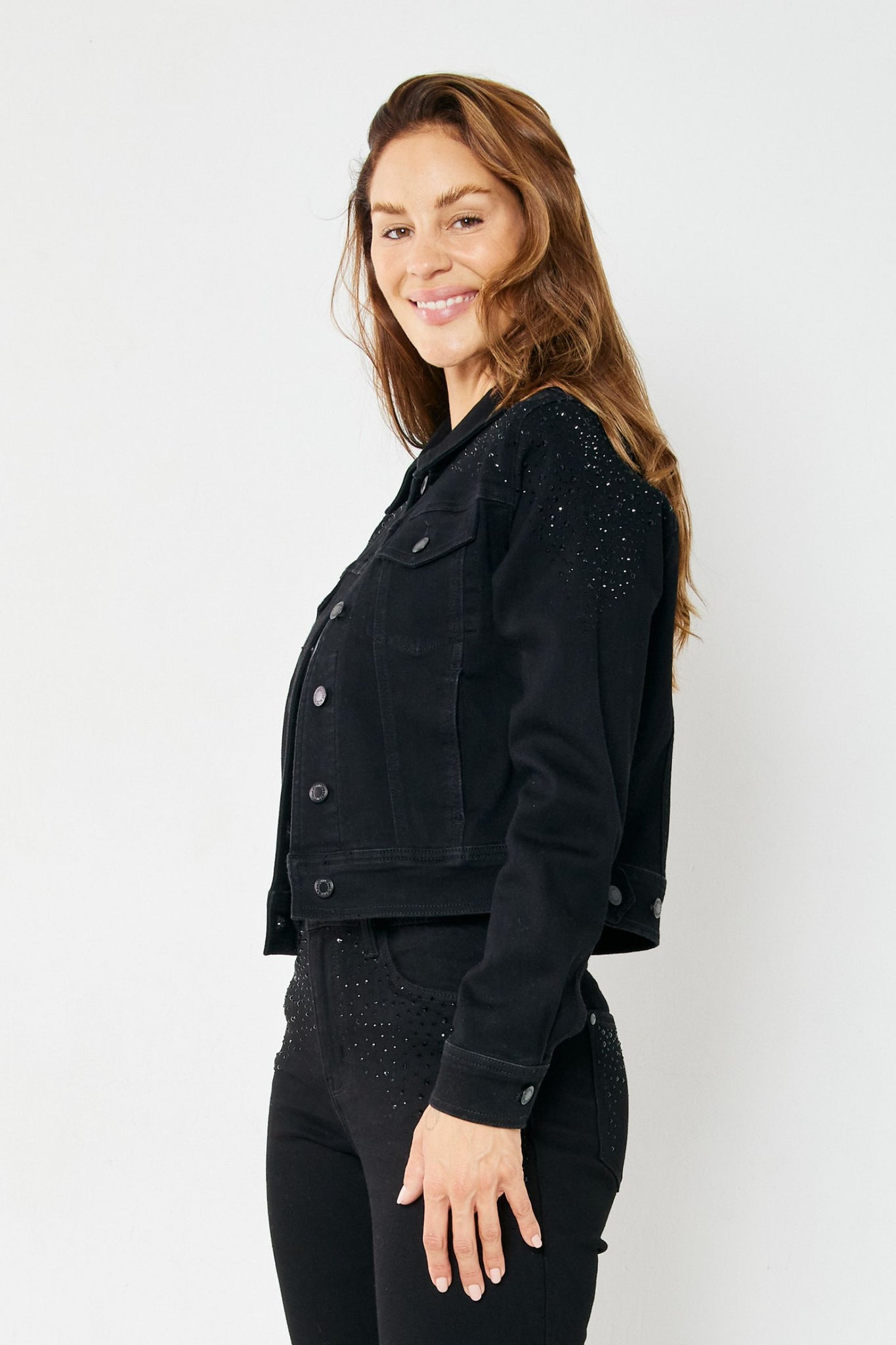 Judy Blue Black Rhinestone Denim Jacket – Spotted Sparrow Boutique